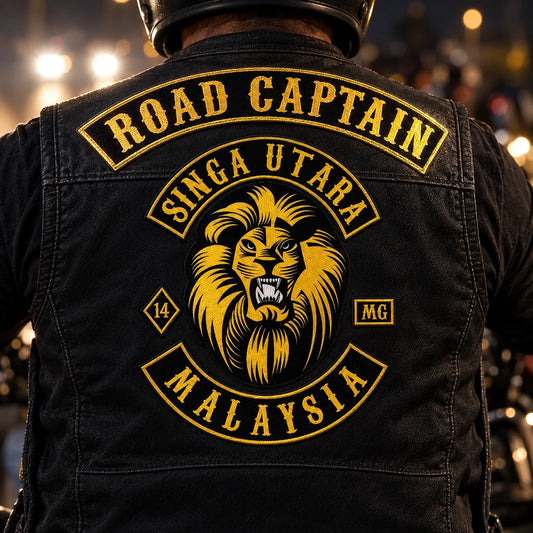 Reflective motorcycle club Road Captain patch shown in low light.