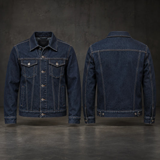 Regular-fit motorcycle club denim jacket with balanced proportions.
