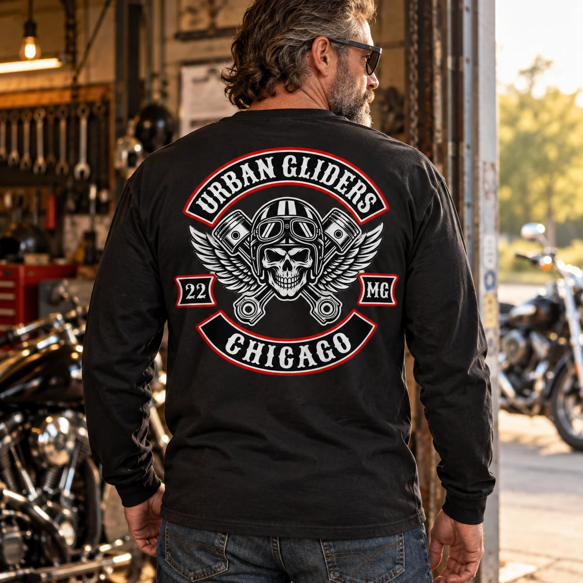 Mature rider wearing a relaxed-fit custom motorcycle club long-sleeve shirt.