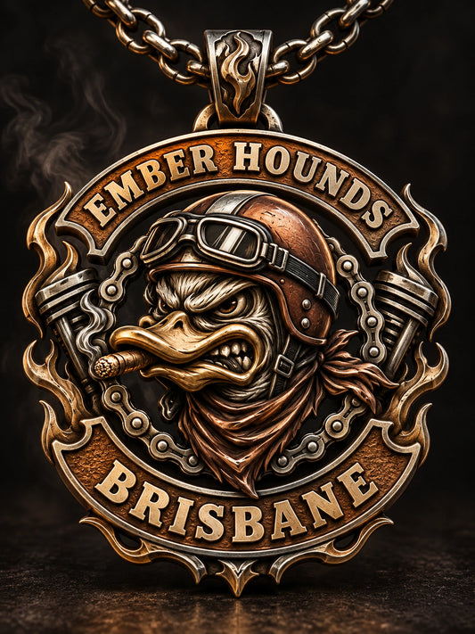 Full Sculptural Construction represented by a unique custom motorcycle-club pendant with complete chain and sculptural mixed-metal architecture.