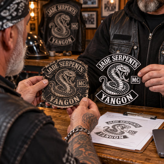 Worn original beside clean matching replacement patch for a motorcycle club, shown at clubhouse counter.