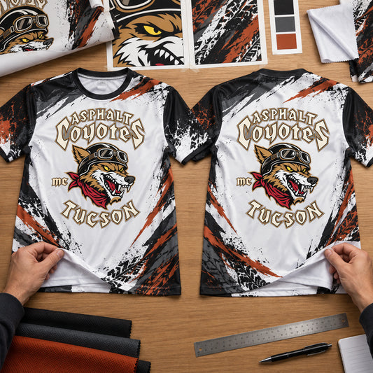 Front and back all-over print motorcycle club shirt design prepared for review.