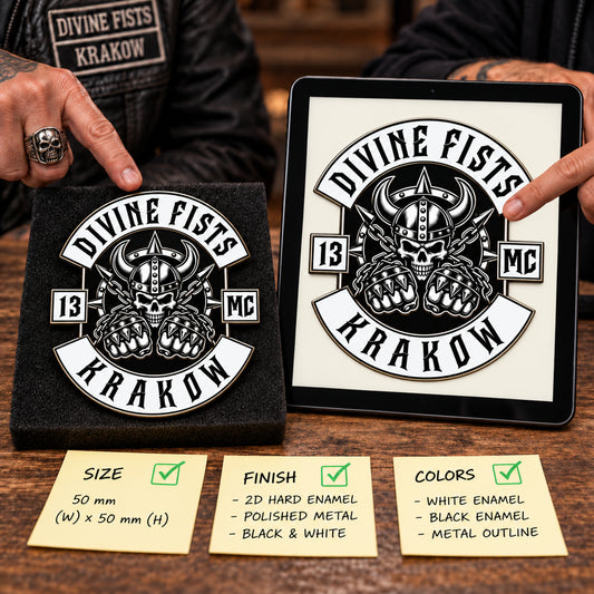 Finished custom biker pin reviewed beside its approved 2D design proof.
