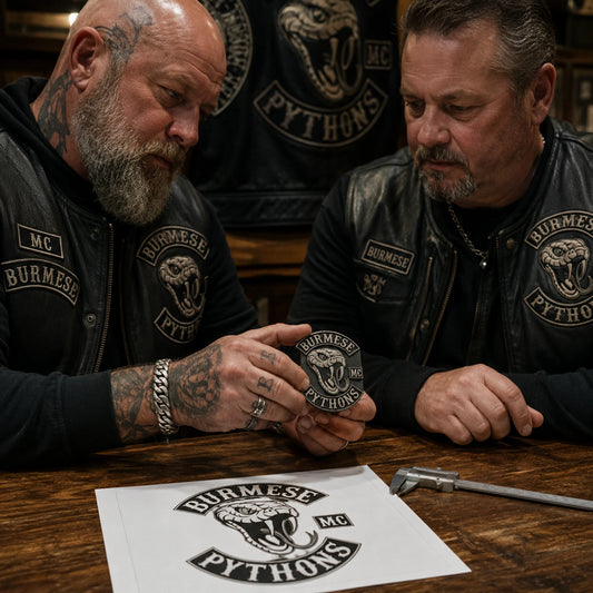 Motorcycle club reviewing a custom 3D color pin sample