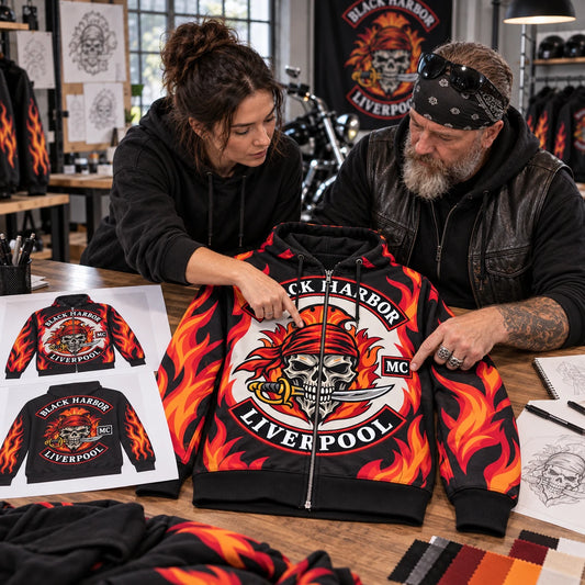 Designer and club representative reviewing the same black full-zip flame hoodie and its artwork placement.