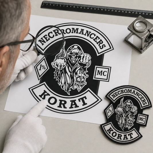Original motorcycle club logo inspected for emblem, lettering, borders and color placement.