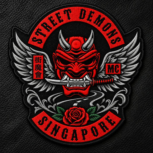 Motorcycle memorial patch combining an authorized club emblem with wings, road and rose symbols.