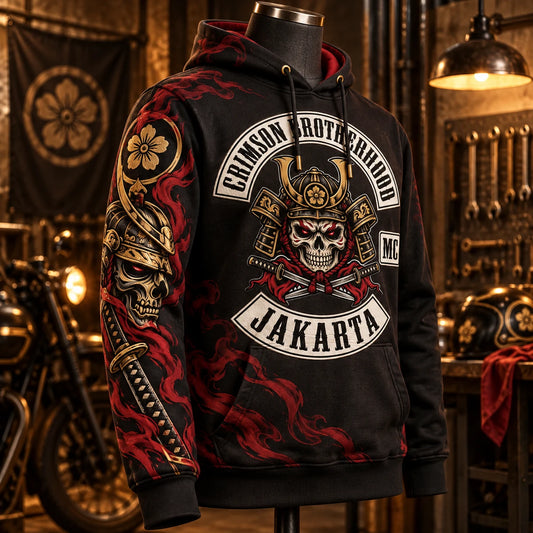 Single right three-quarter view of a Crimson Brotherhood Jakarta motorcycle club hoodie highlighting the right sleeve graphics.
