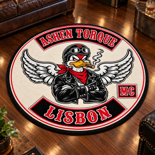 A round custom motorcycle club rug complements circular club badge artwork.