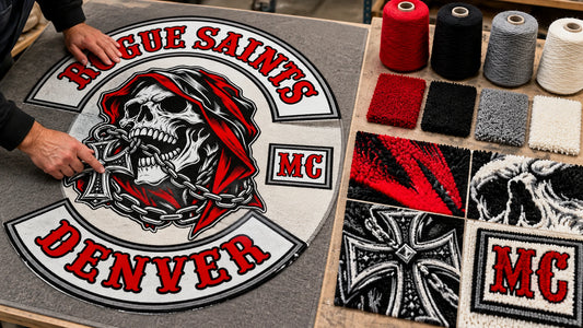 Printed motorcycle club rugs reproduce fine logo details on a low-pile surface.