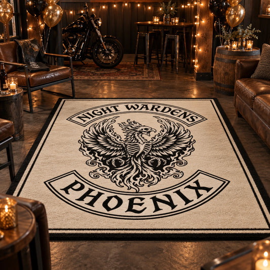 A production proof accompanies a custom motorcycle club anniversary rug.