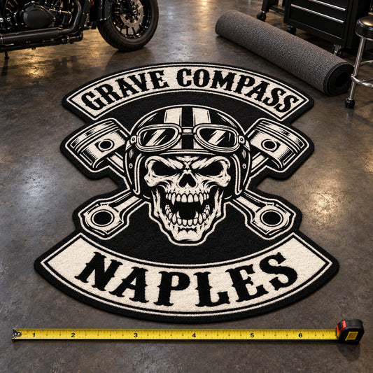 A contour-cut motorcycle club rug follows the border of approved club artwork.