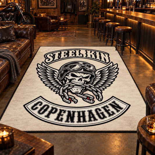 Members gather around a large custom motorcycle club lounge rug.