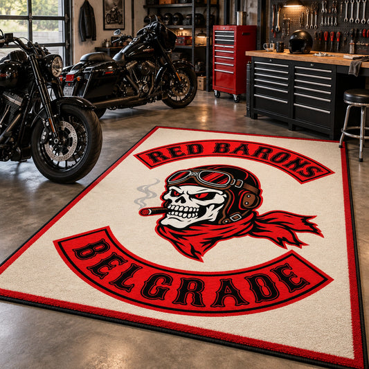 A custom motorcycle club rug brings chapter identity into a working garage.