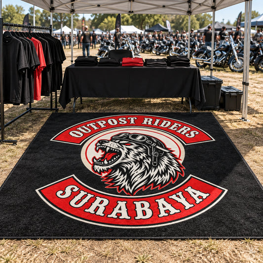 A custom floor rug defines a motorcycle club rally merchandise booth.