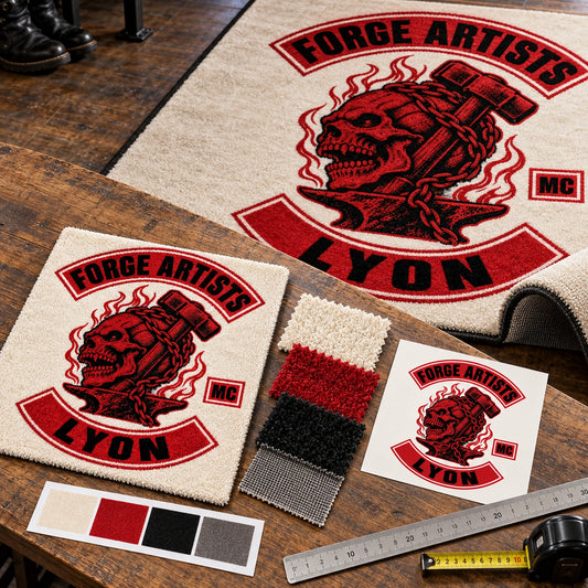 Hands compare a motorcycle club rug sample with the finished design.