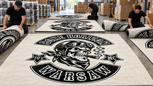 Multiple custom motorcycle club rugs are prepared for a bulk chapter order.
