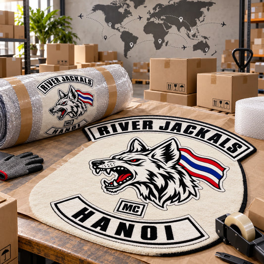 A custom motorcycle club rug is packed for worldwide shipping.