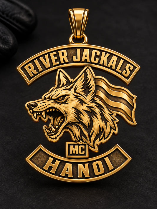 River Jackals memorial gold-plated motorcycle club pendant concept with a dedication area.
