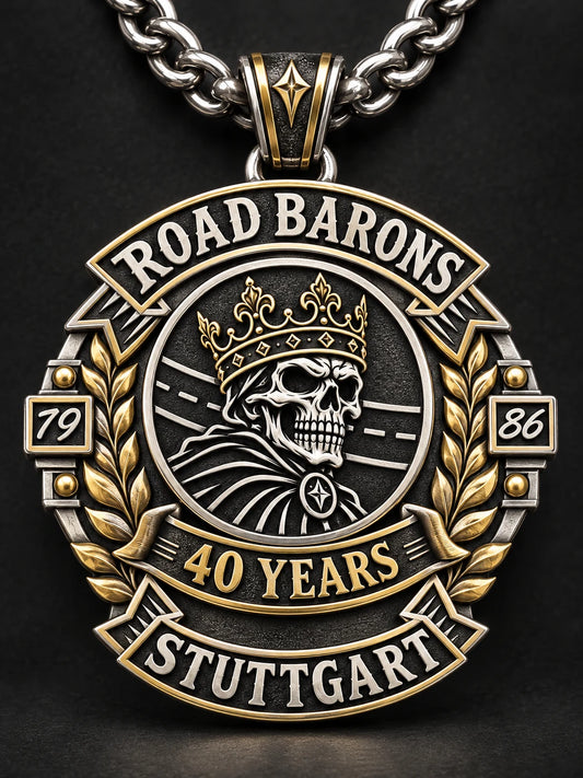 Road Barons Stuttgart 40th anniversary motorcycle club pendant with a complete chain and layered commemorative metalwork.