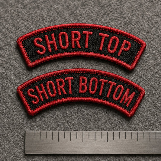 Compact custom motorcycle club rocker pair with red embroidery made for a smaller vest-back layout.