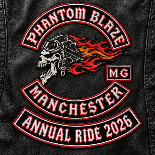 Custom motorcycle club event patch featuring the phantom blaze manchester logo for event-oriented companion rocker.