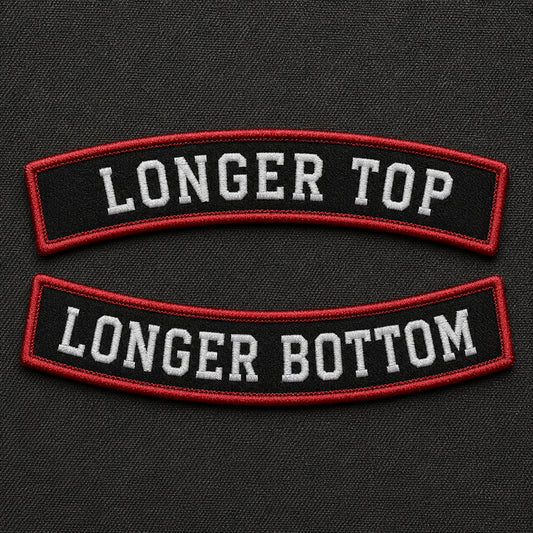 Custom motorcycle club wide shallow curve rocker pair with long placeholder wording and visible stitch detail.
