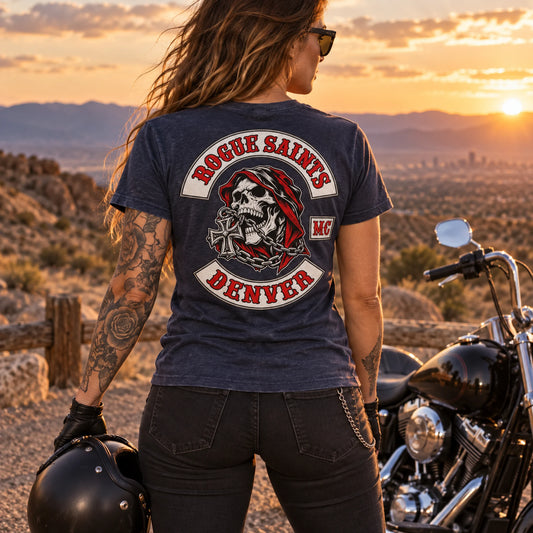 Rider wearing a Rogue Saints short-sleeve T-shirt with a complete large full-back club logo.