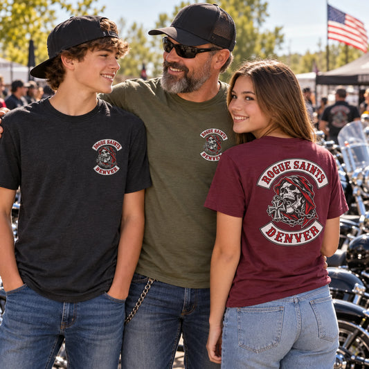 Rogue Saints supporter and family T-shirts showing small chest and full-back logo placements.