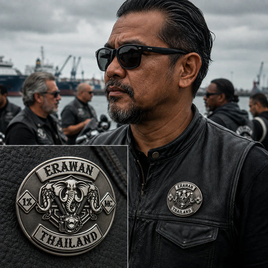 Chapter badge featuring a custom metal motorcycle club badge made with an approved club logo.