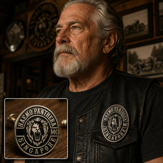 Founder and charter member badge featuring a custom metal motorcycle club badge made with an approved club logo.