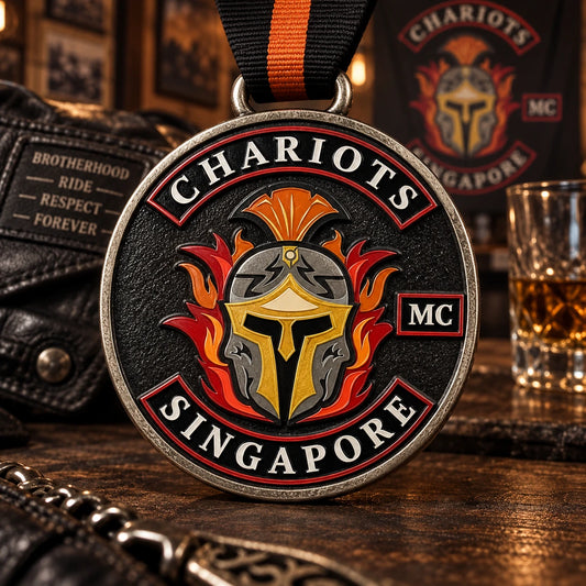 Classic solid round motorcycle club medal. Custom motorcycle club medal.