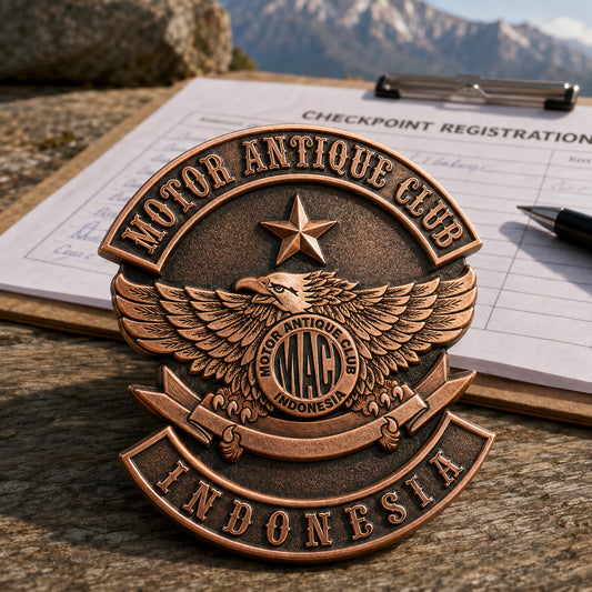 Antique copper 3D motorcycle rally pin with a blank event cartouche at a registration desk.