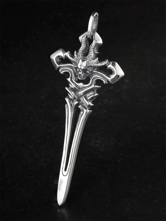 satanic sword cross sterling silver biker pendant product view 1