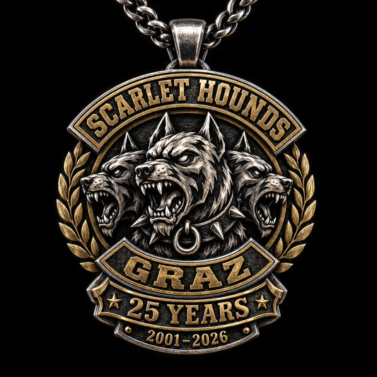 One Scarlet Hounds motorcycle club 25th anniversary pendant marked 2001 to 2026.