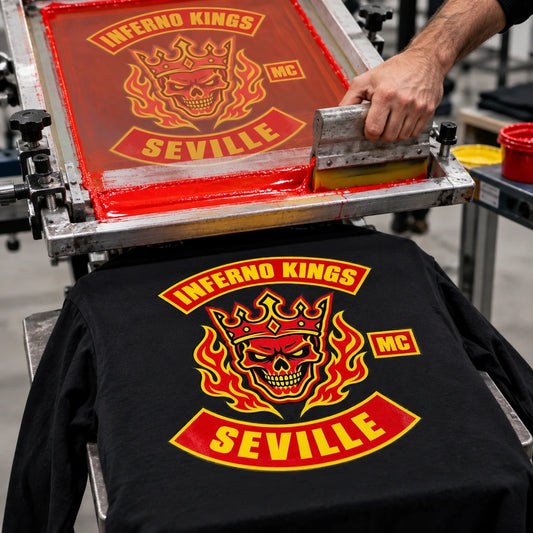 Motorcycle club artwork being screen printed onto a black custom long-sleeve shirt.