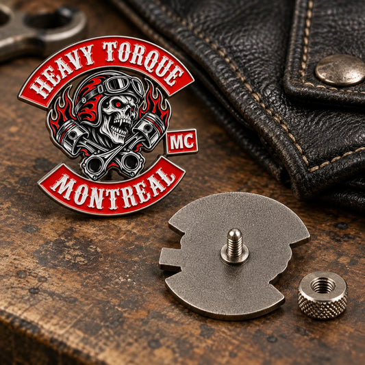 Heavy Torque Montreal biker vest pin with one secure threaded screw back and locking nut