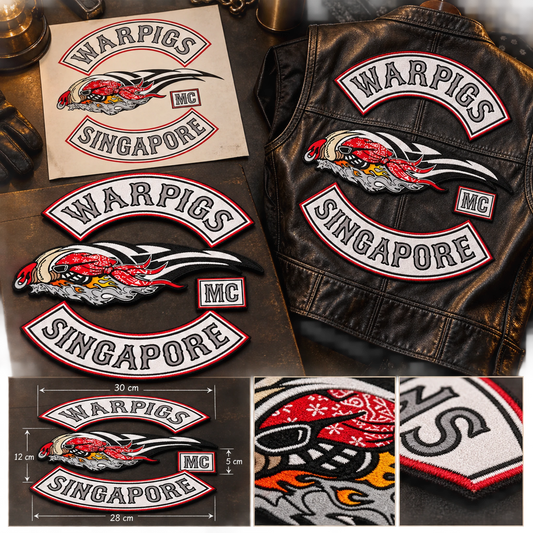 Authorized club logo file existing patch photo and measurements shown for a custom motorcycle club patch system in design desk.