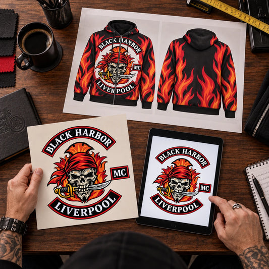 Approved Black Harbor Liverpool motorcycle club artwork beside the front and back proof of the black full-zip flame hoodie.