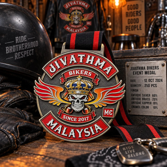 Artwork intake desk with approved logo, medal purpose, event date, quantity and finish notes. Custom motorcycle club medal.