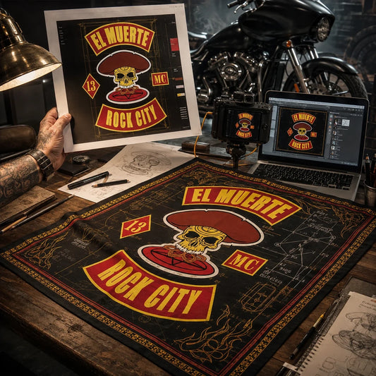 Motorcycle club officer sending approved logo artwork to a custom product designer.