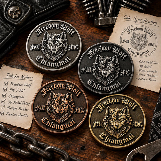 Motorcycle club logo and project notes prepared for challenge coin design.