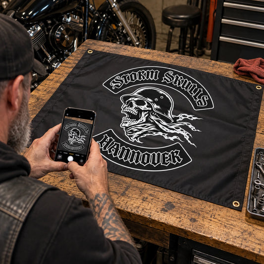 Motorcycle club members use a custom rectangular flag for send your club logo in a realistic American V-twin setting.