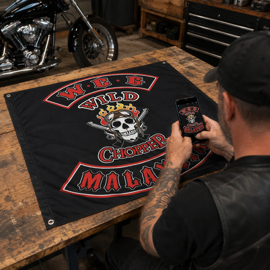 Motorcycle club members use a custom rectangular flag for send your club logo in a realistic American V-twin setting.