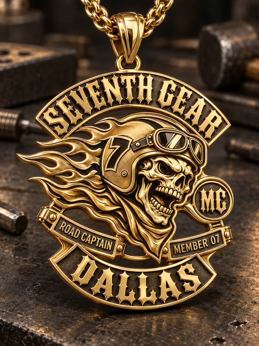 Seventh Gear Dallas motorcycle club solid 18K gold pendant with integrated chapter and member identification details, movable bail and chain.