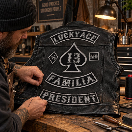 Sew-on motorcycle club officer patch being attached to a leather vest.