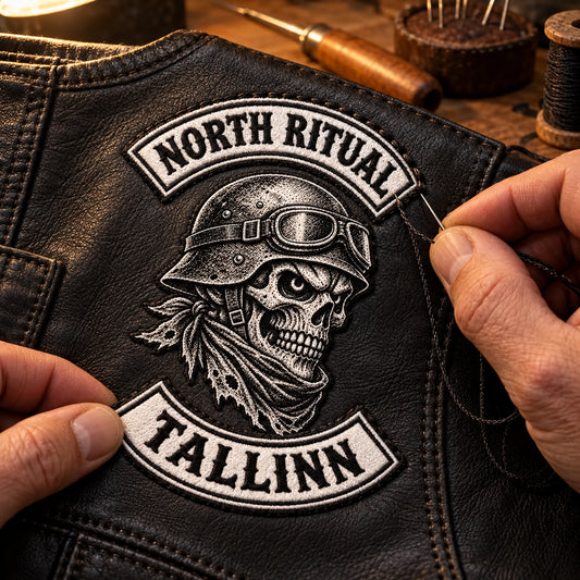 Chest patch being securely sewn to leather for a motorcycle club, shown at leather vest sewing station.
