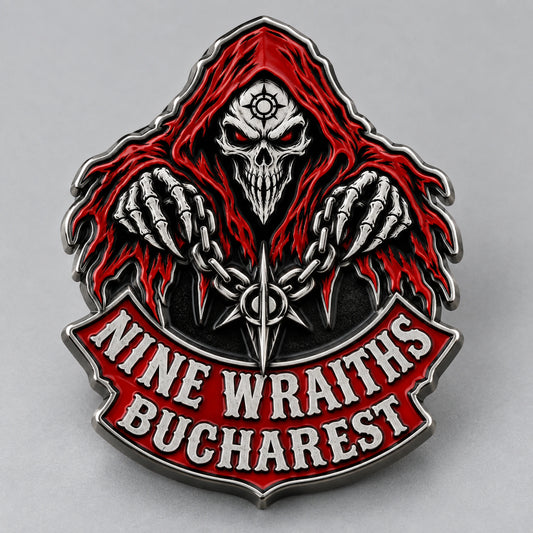 Freeform NINE WRAITHS metal pin with a hooded skull, claws and chains inside a crisp complete custom outline.
