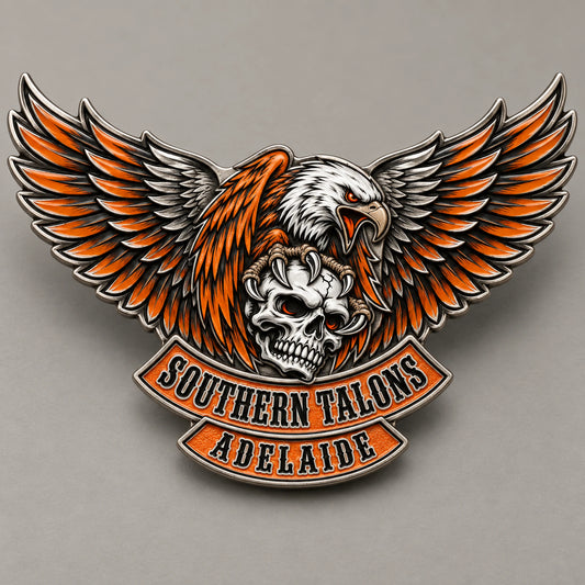 Wide SOUTHERN TALONS eagle pin with fully extended sculpted wings and a sharp connected metal outline.