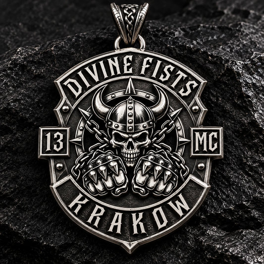 Divine Fists motorcycle club zinc alloy shield pendant with Viking skull and armored fist relief.